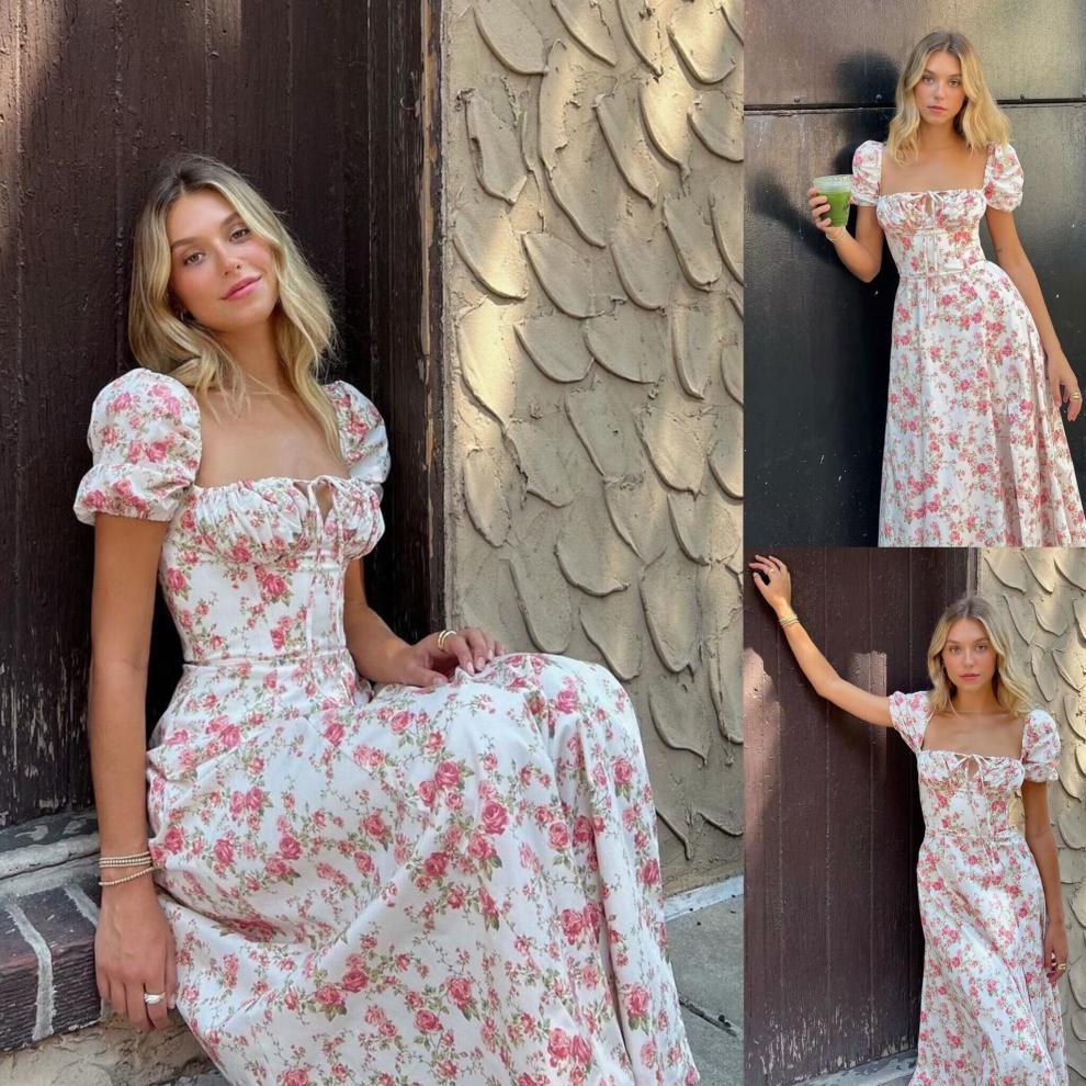 Damen Sommerliches Blumenkleid mit hochgeschlossenem Ausschnitt und Puffärmeln Drune