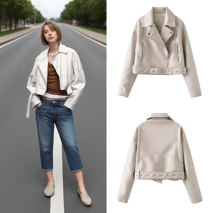 Damen Kurzjacke im Bikerstil aus soften Kunstleder mit Taillenriegel Drune