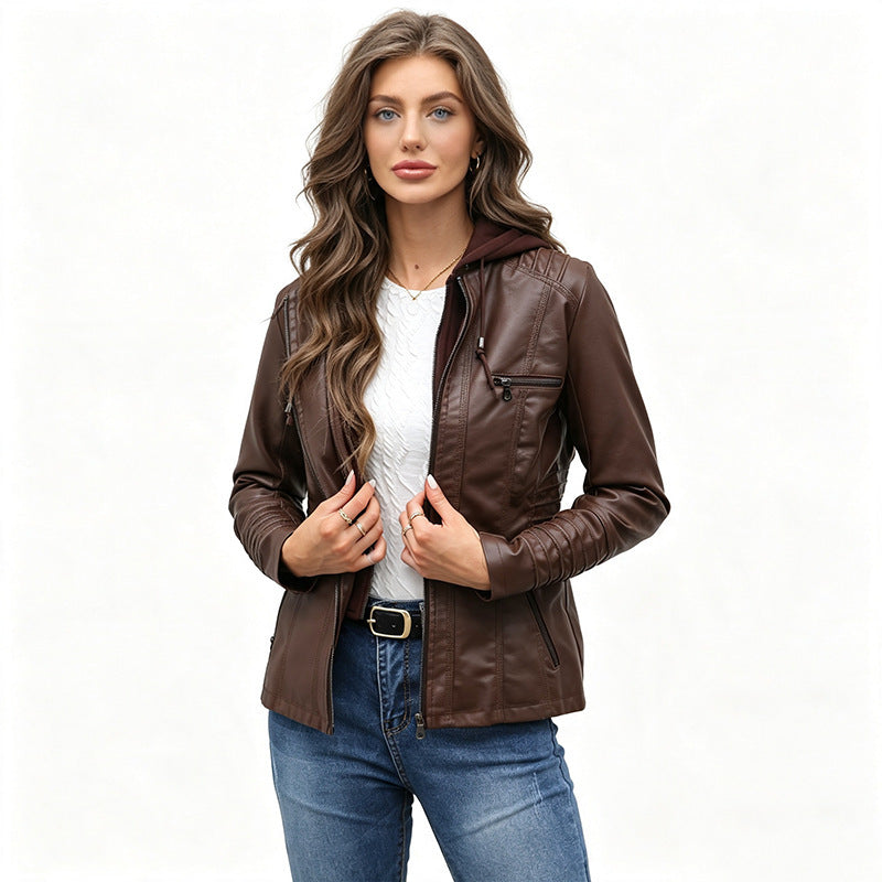 Damen Taillierte Kunstlederjacke mit abnehmbarer Kapuze und Reißverschluss Drune