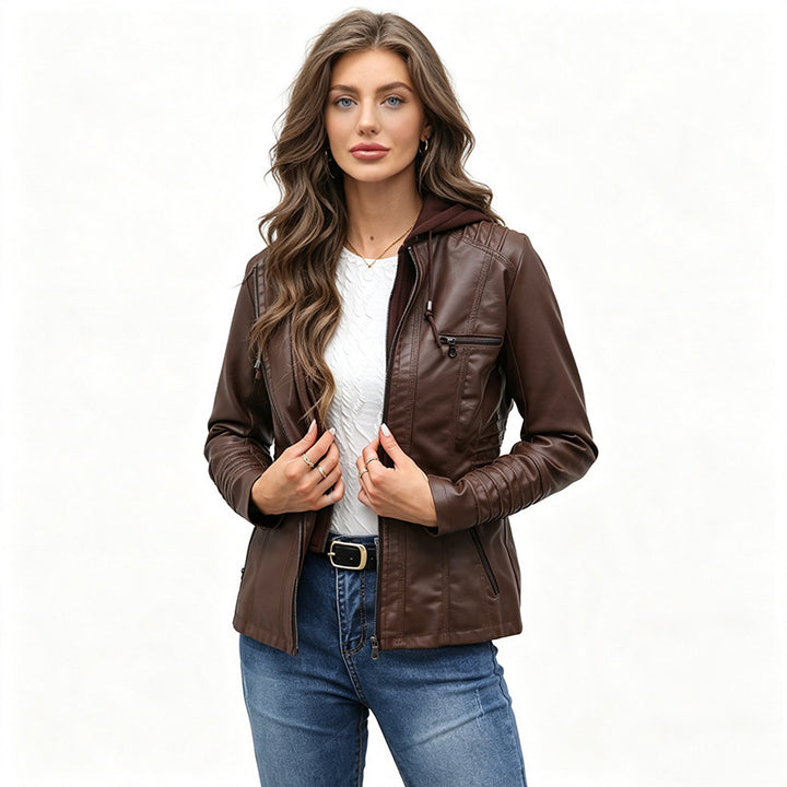 Damen Taillierte Kunstlederjacke mit abnehmbarer Kapuze und Reißverschluss Drune