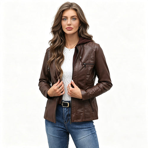 Damen Taillierte Kunstlederjacke mit abnehmbarer Kapuze und Reißverschluss Drune