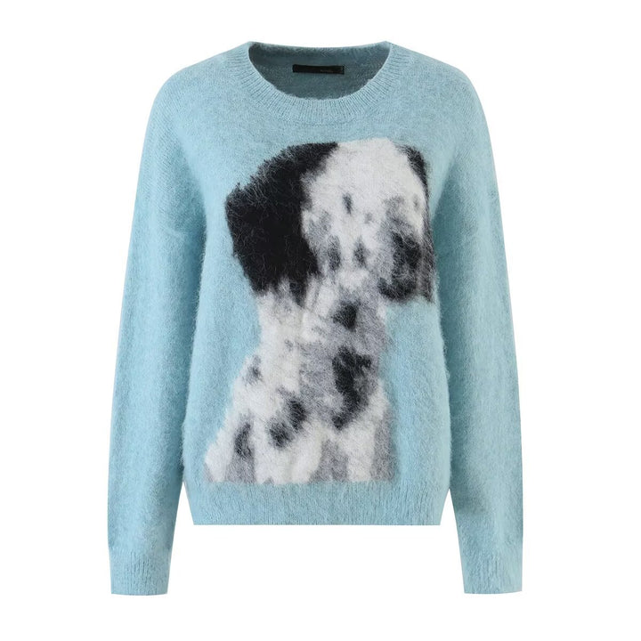 Damen Mohair-Mix Rundhalspullover mit abstraktem Hundemotiv Drune