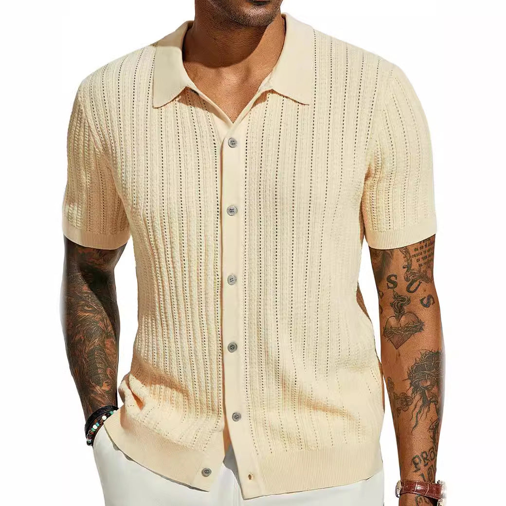 Herren Kurzarm Strickhemd mit feiner Lochstruktur und klassischem Kragen Drune