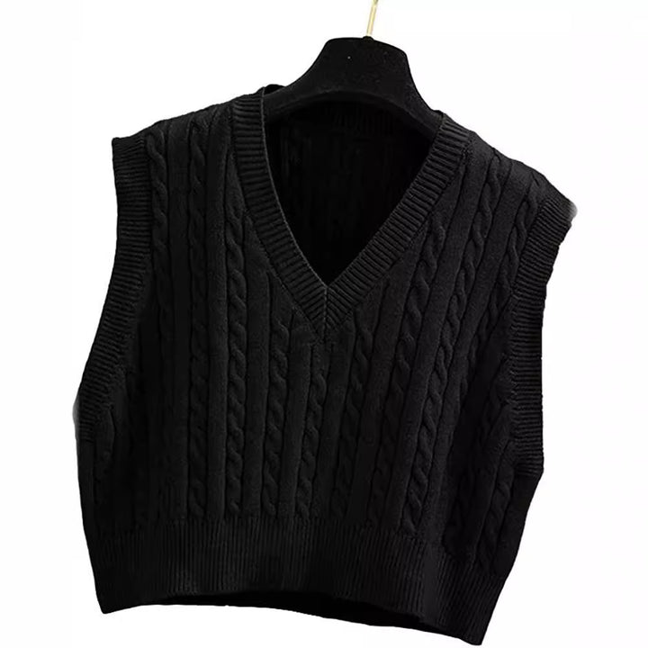 Damen Gestrickte ärmellose Zopfmuster-Pulloverweste mit V-Ausschnitt Drune