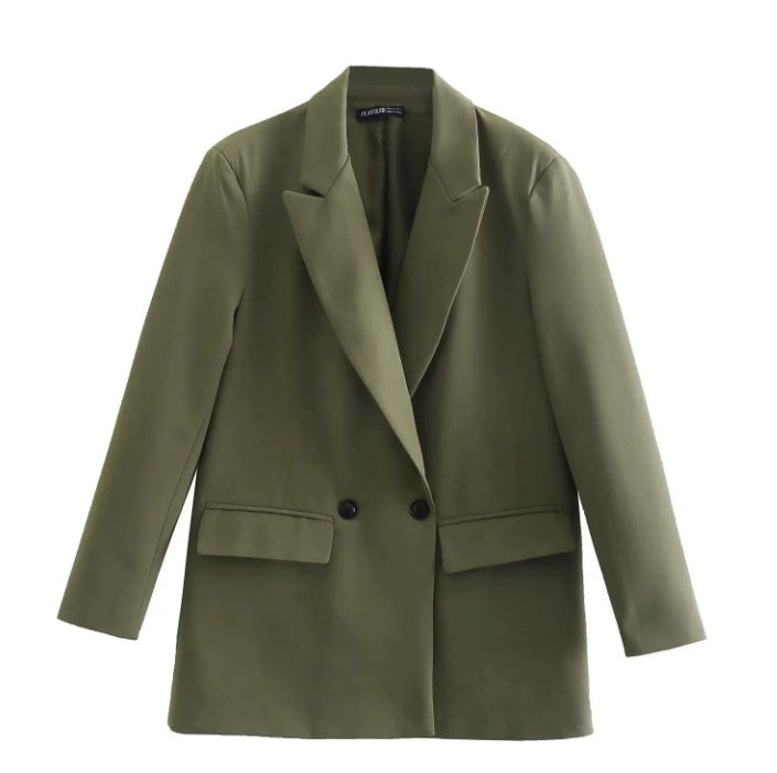 Damen 100+ geradliniger Longline Blazer mit Reverskragen, doppelreihiger Optik und Pattentaschen Drune