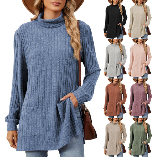 Damen elegantes Oberteil aus strukturierter Strickware mit Stehkragen und Seitentaschen Drune