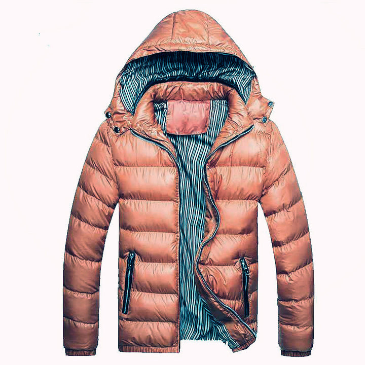 Herren Glänzende gesteppte Kapuzenjacke mit Thermo-Polsterung und gestreiftem Innenfutter Drune