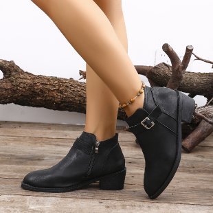 Damen Kurzschaft‑Ankle‑Boots mit seitlichem Reißverschluss, Zier­schnalle und geflochtener Keil‑Optik Drune