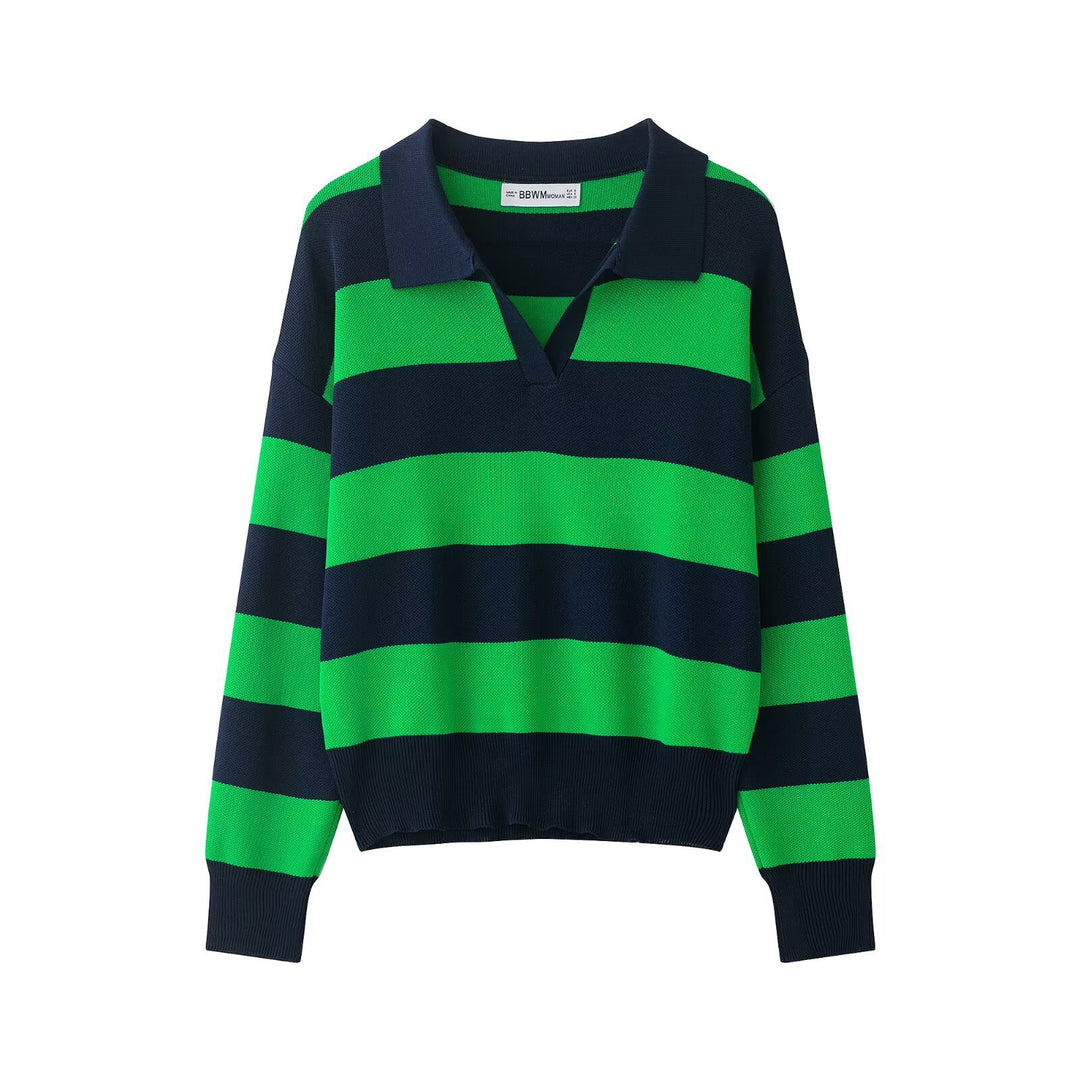 Damen Gestreifter Rugby-Polo-Pullover mit V-Notch und Cropped-Saum Drune