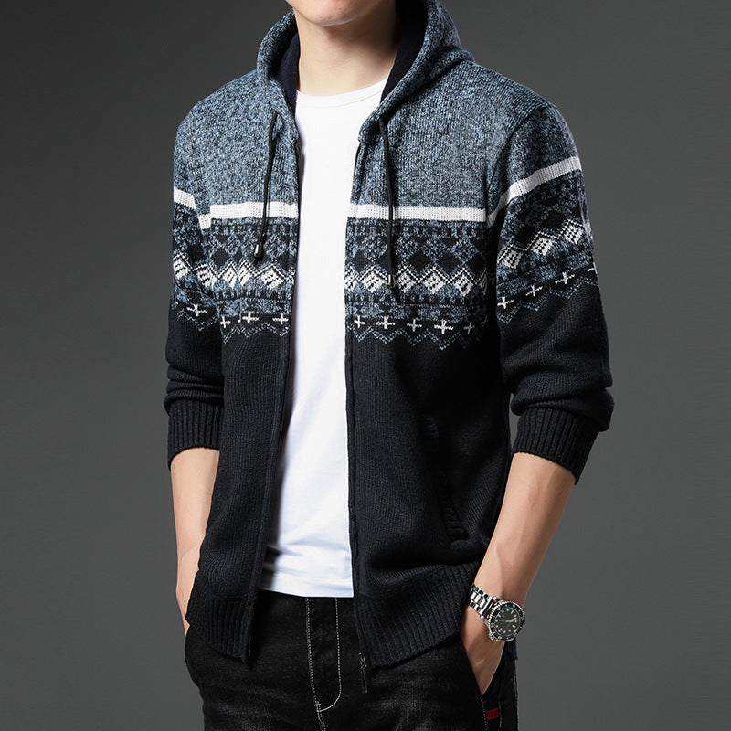 Herren Strick-Zip-Hoodie mit Norwegermuster, Kapuze und Eingrifftaschen Drune