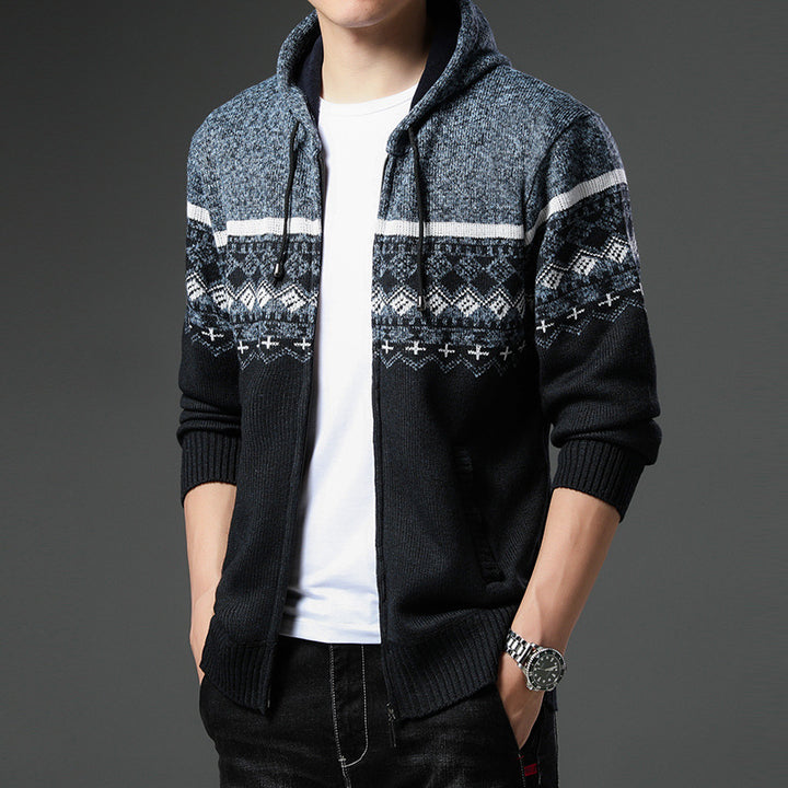 Herren Strick-Zip-Hoodie mit Norwegermuster, Kapuze und Eingrifftaschen Drune