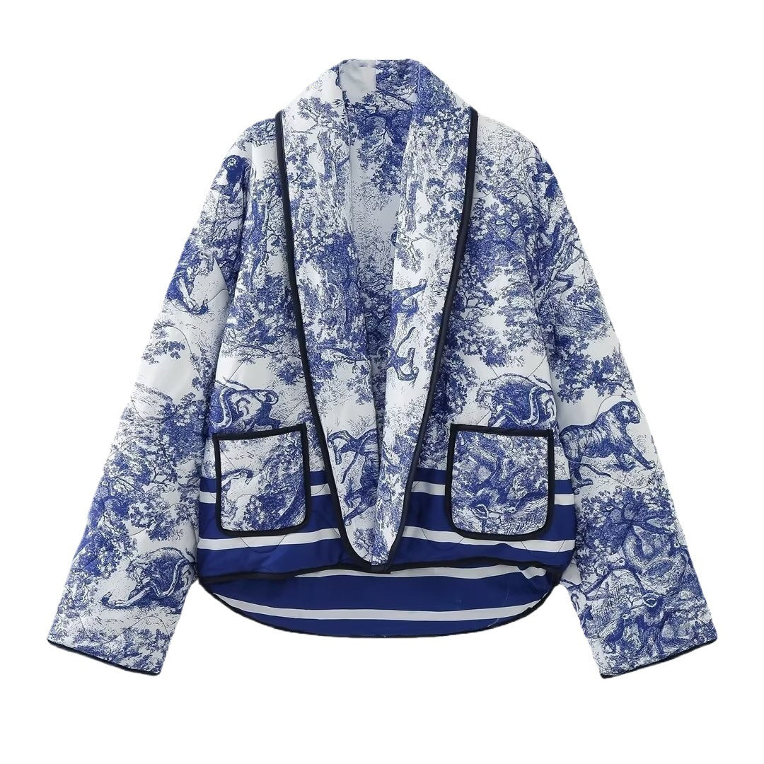 Damen Oversized Steppjacke mit floralem Muster und kontrastierenden Details Drune