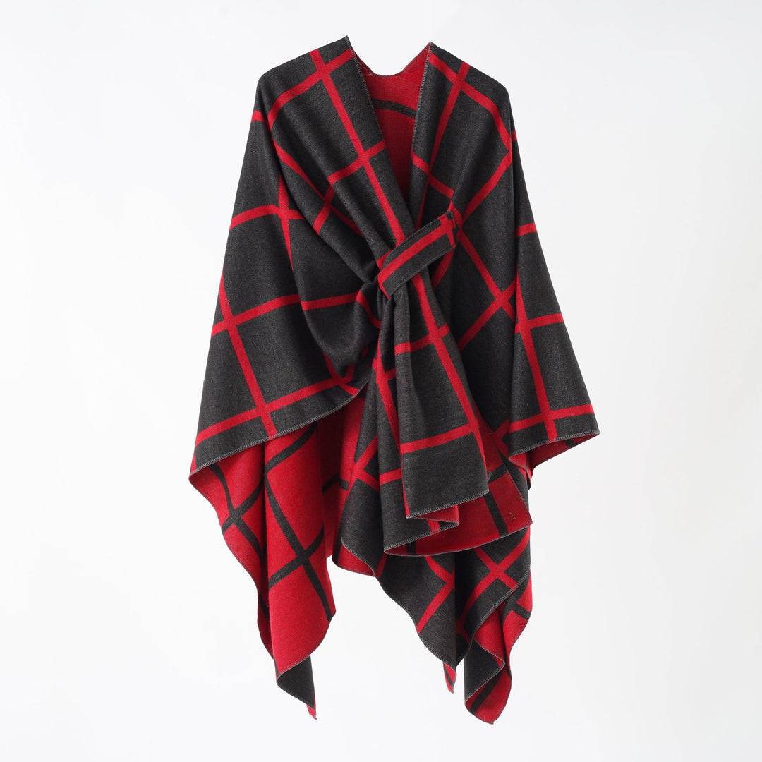 Damen Oversize Wollmix Poncho mit Gürtel und Karomuster Drune