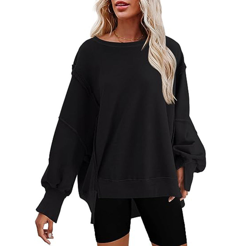 Damen oversized Sweatshirt mit Ballonärmeln, offenen Saumnähten und seitlichen Schlitzen Drune