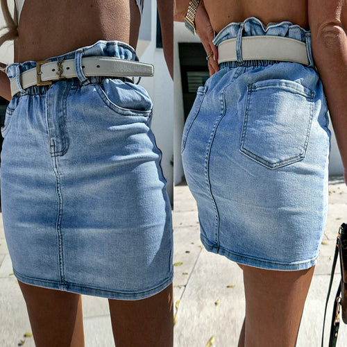 Damen Jeansrock mit elastischem Bund und modischem Gürtel Drune