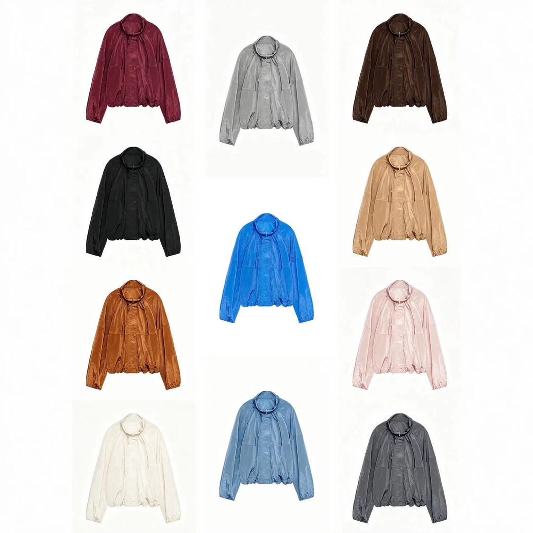 Damen Leichte Oversize-Blousonjacke aus Nylon mit Stehkragen, Kordelzug und Druckknopfverschluss Drune