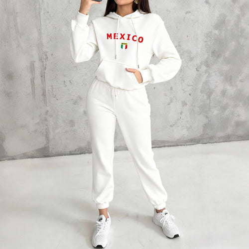 Damen nan kuscheliges Hoodie-Jogginganzug-Set mit Kapuze, Kängurutasche, soft gebürstetem Innenfutter und Mexico-Print Drune