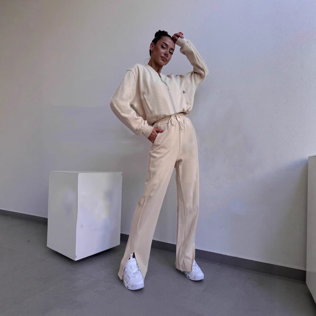 Damen Loungewear-Set mit Kurzzip-Jacke und High‑Waist‑Jogginghose mit Seitenschlitz Drune