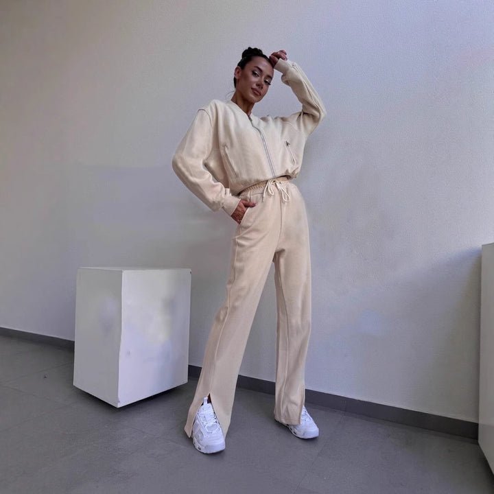 Damen Loungewear-Set mit Kurzzip-Jacke und High‑Waist‑Jogginghose mit Seitenschlitz Drune