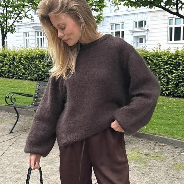 Damen Flauschiger Rundhals-Pullover mit Ballonärmeln und kastiger Silhouette Drune