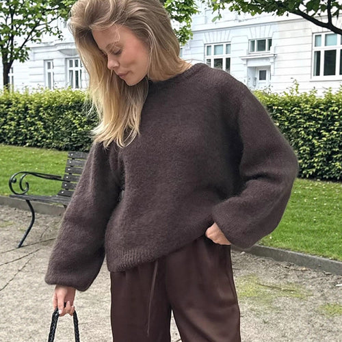 Damen Flauschiger Rundhals-Pullover mit Ballonärmeln und kastiger Silhouette Drune