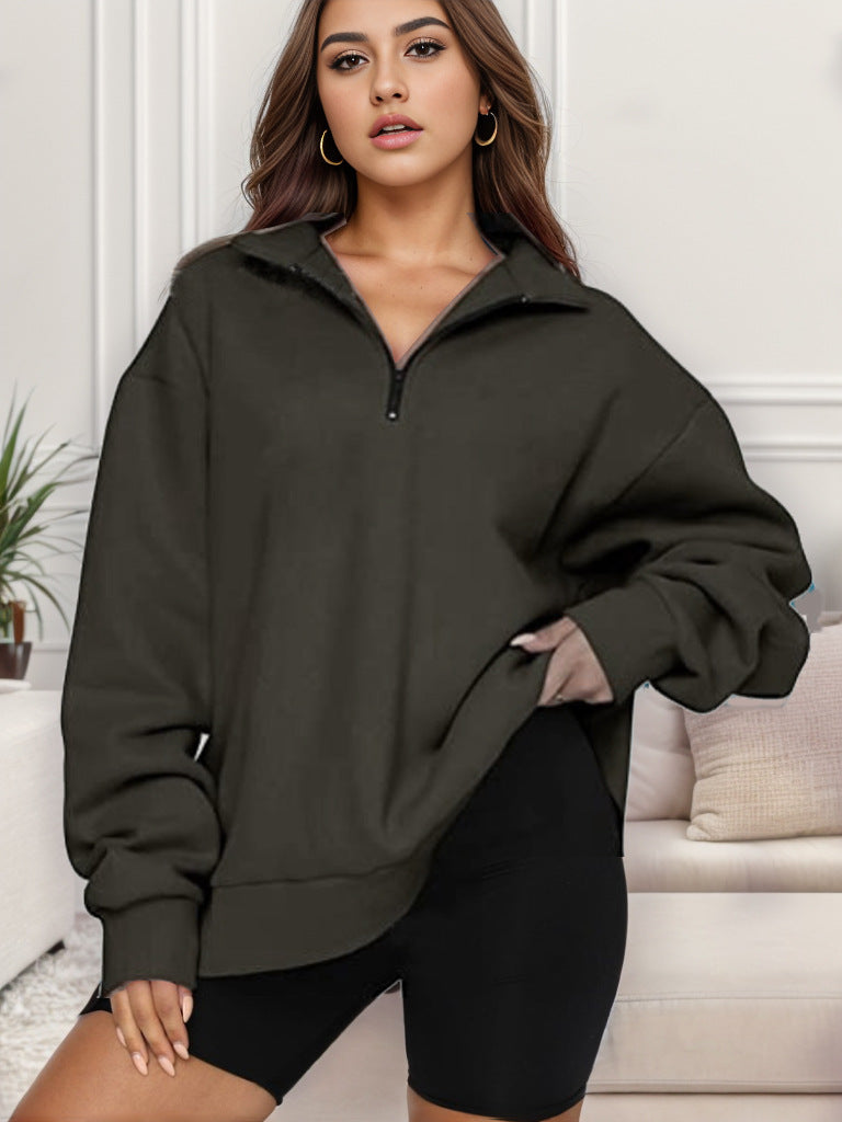 Damen nan übergroßes Sweatshirt mit Halbreißverschluss und Stehkragen Drune