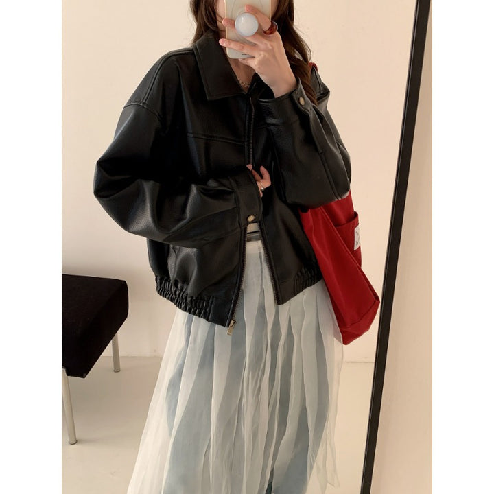 Damen Oversized Kunstleder Bomberjacke mit Reißverschluss Drune