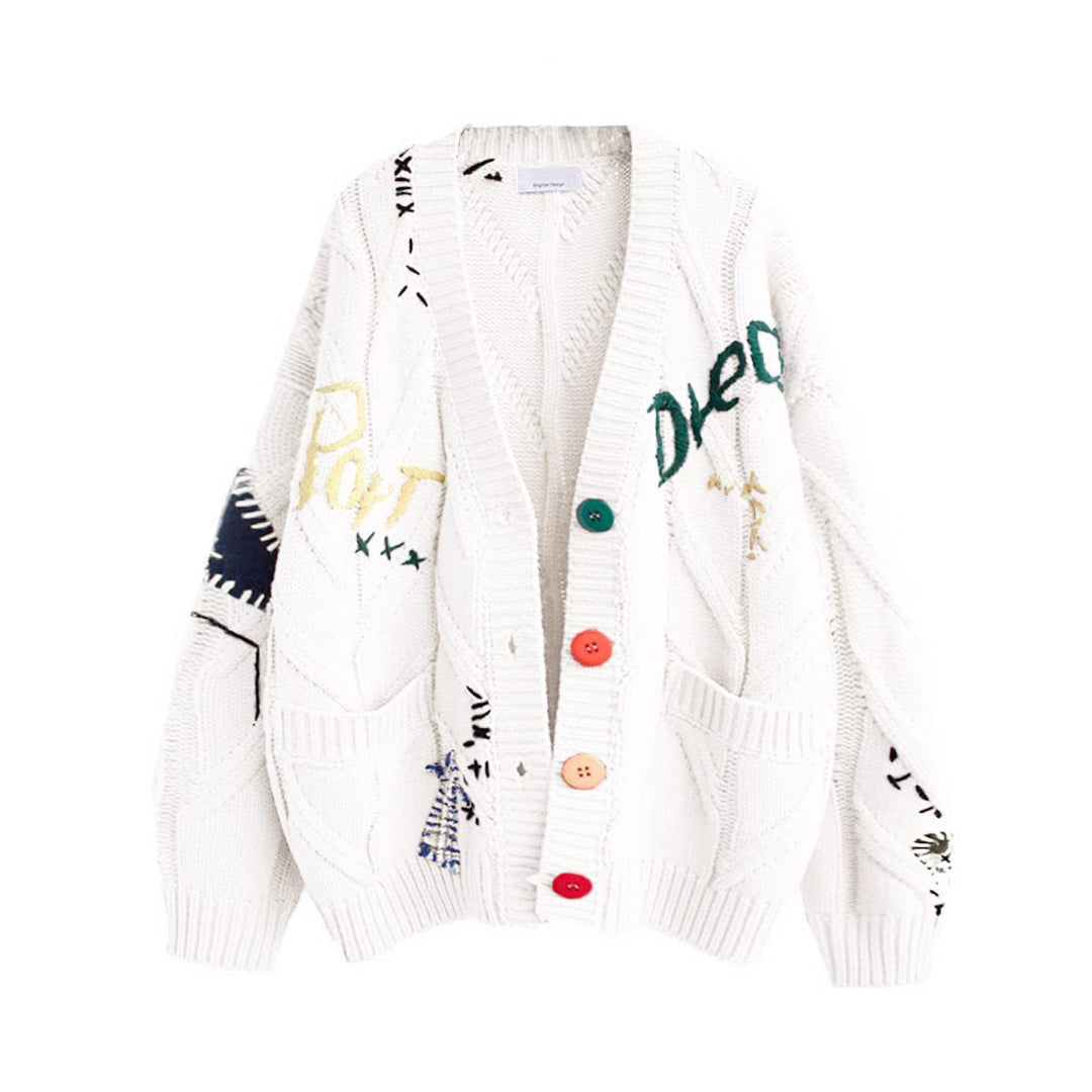 Damen Stylischer Strickcardigan mit bunten Knöpfen und aufwendigem Design