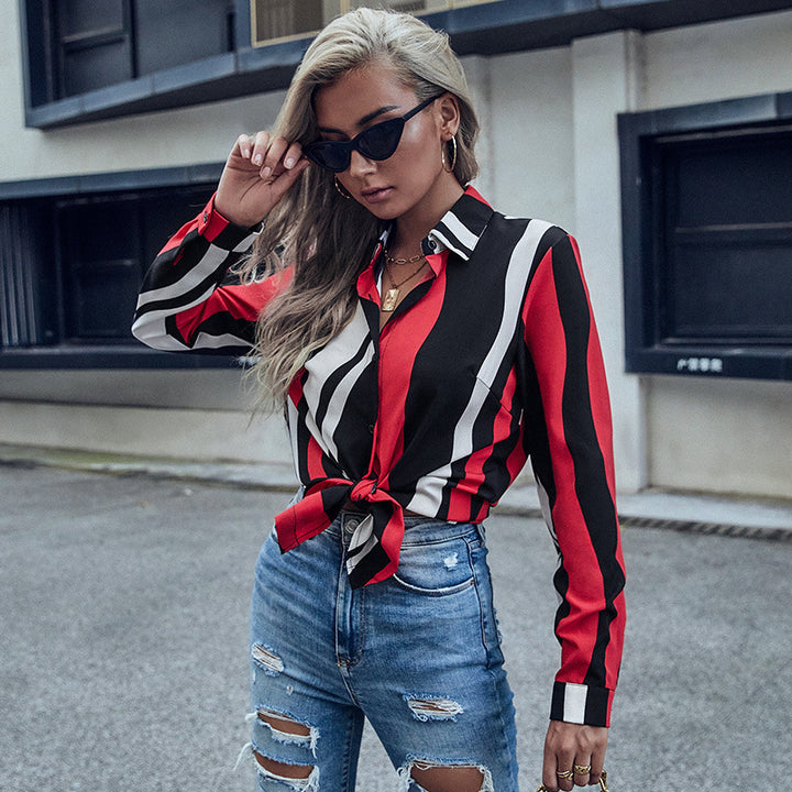 Damen Langarm-Hemdbluse mit Knotenfront, Hemdblusenkragen und vertikalen Streifen Drune