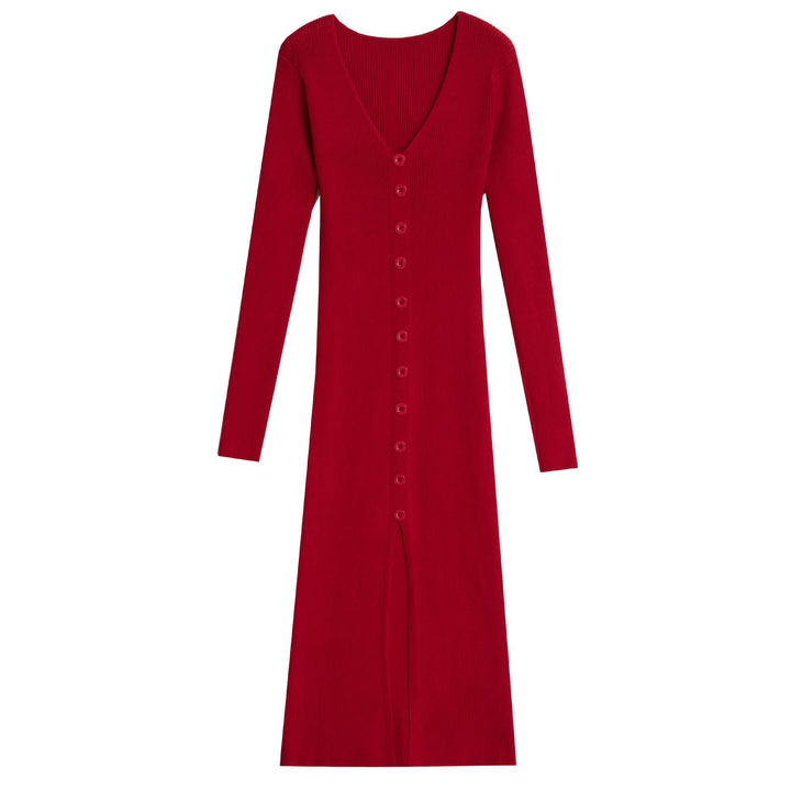 Damen Langärmliges Maxikleid mit Rippstruktur und Knopfdetail Drune