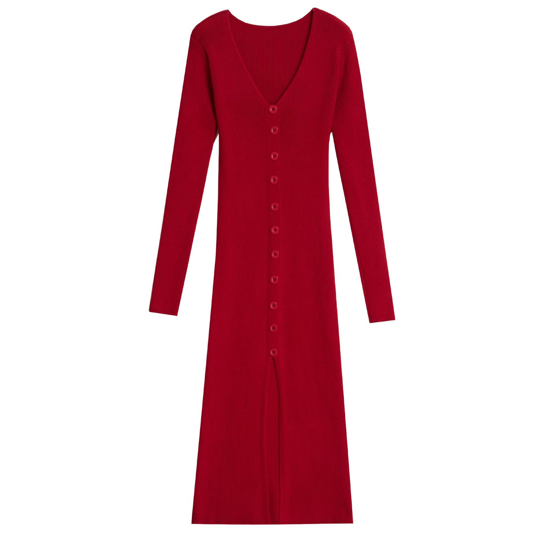 Damen Langarm-Strickkleid mit V-Ausschnitt und durchgehender Knopfleiste Drune