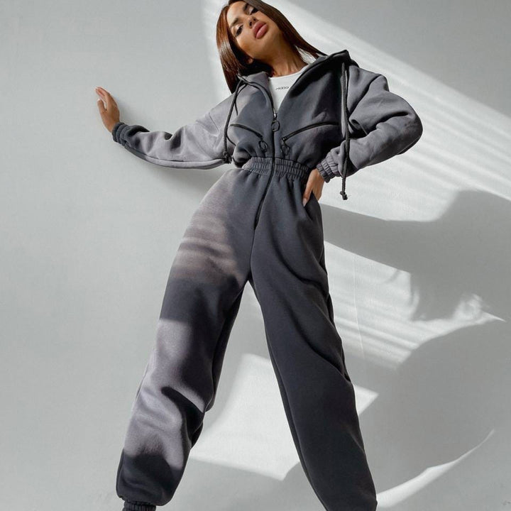 Damen taillierter Kapuzen-Jumpsuit mit elastischem Bund und markanten Kontrast-Reißverschlüssen Drune
