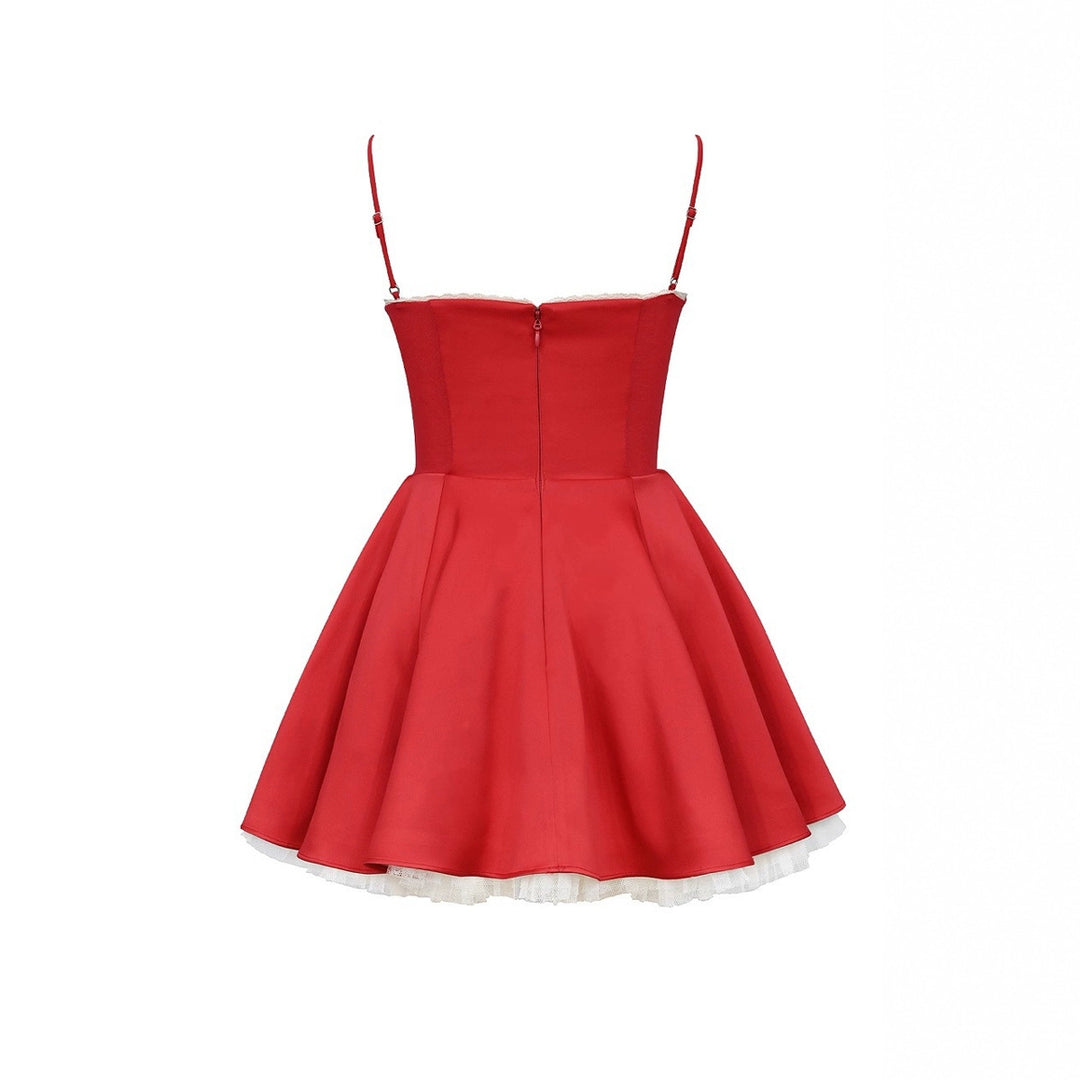 Damen verspielt elegantes Minikleid mit Spitzenbesatz und schwingendem Rock Drune