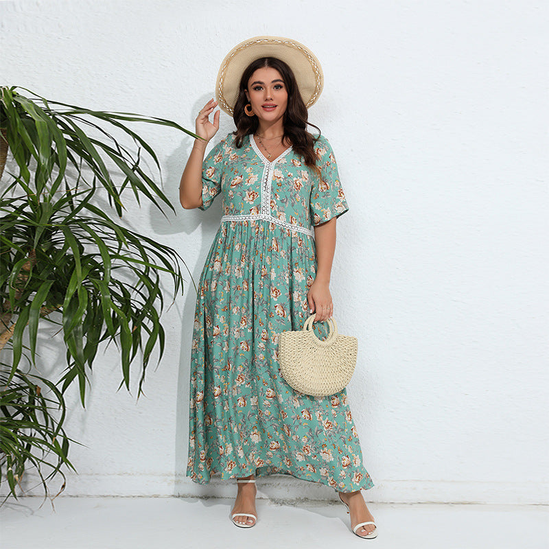 Damen Blumengemustertes Maxikleid mit V-Ausschnitt und gerafftem Design Drune