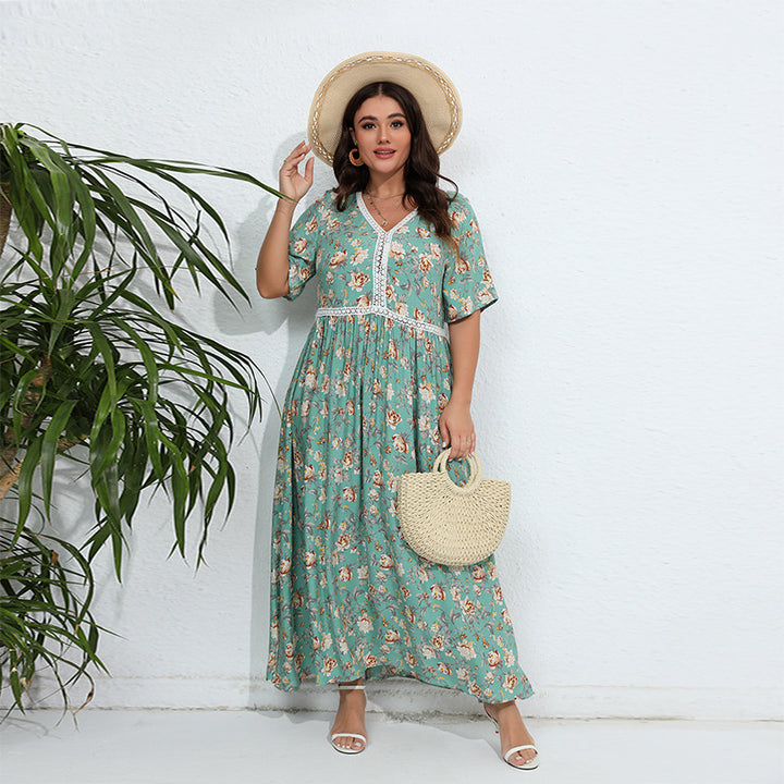 Damen Blumengemustertes Maxikleid mit V-Ausschnitt und gerafftem Design Drune