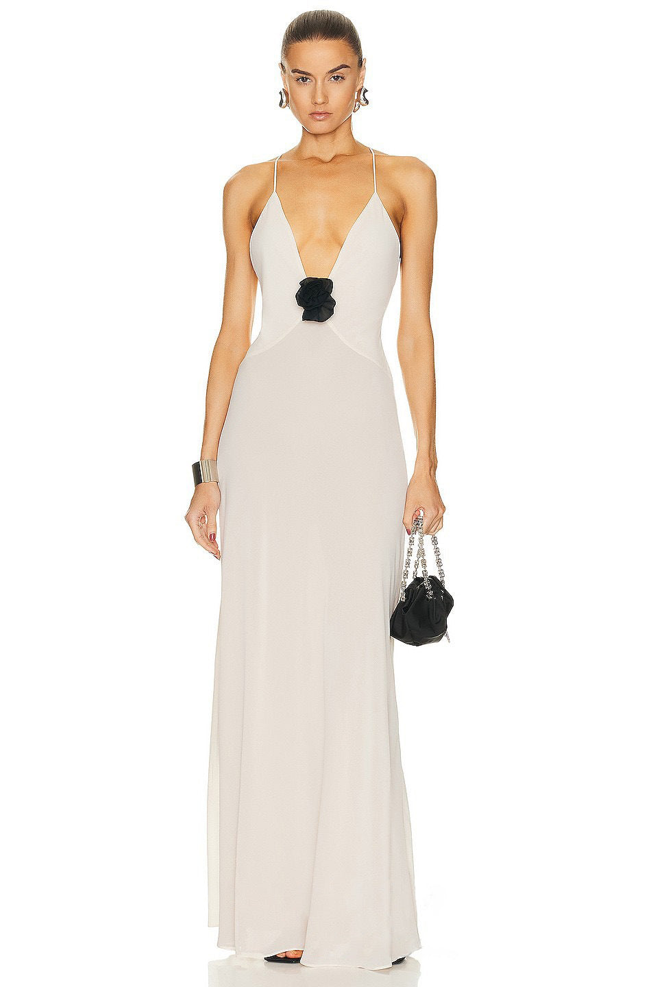 Damen Elegantes Maxikleid mit tiefem V-Ausschnitt und zarter Blumenapplikation Drune
