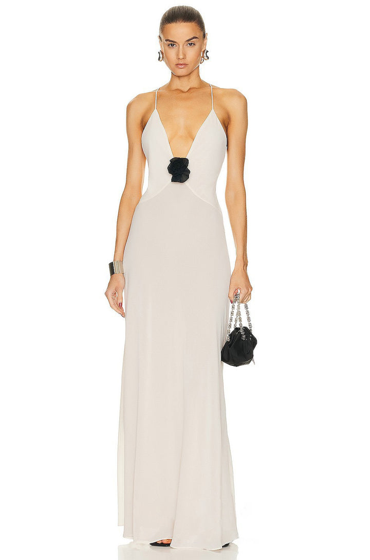 Damen Elegantes Maxikleid mit tiefem V-Ausschnitt und zarter Blumenapplikation Drune