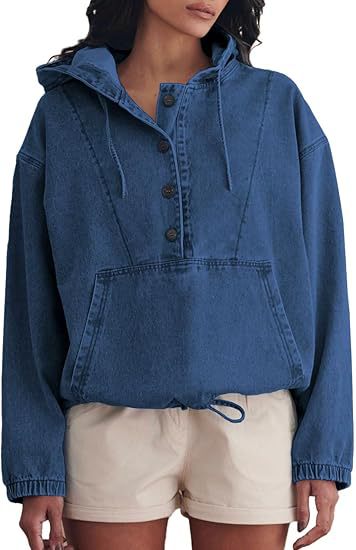 Damen Denim-Hoodie mit halber Knopfleiste, Kängurutasche und Tunnelzugsaum Drune