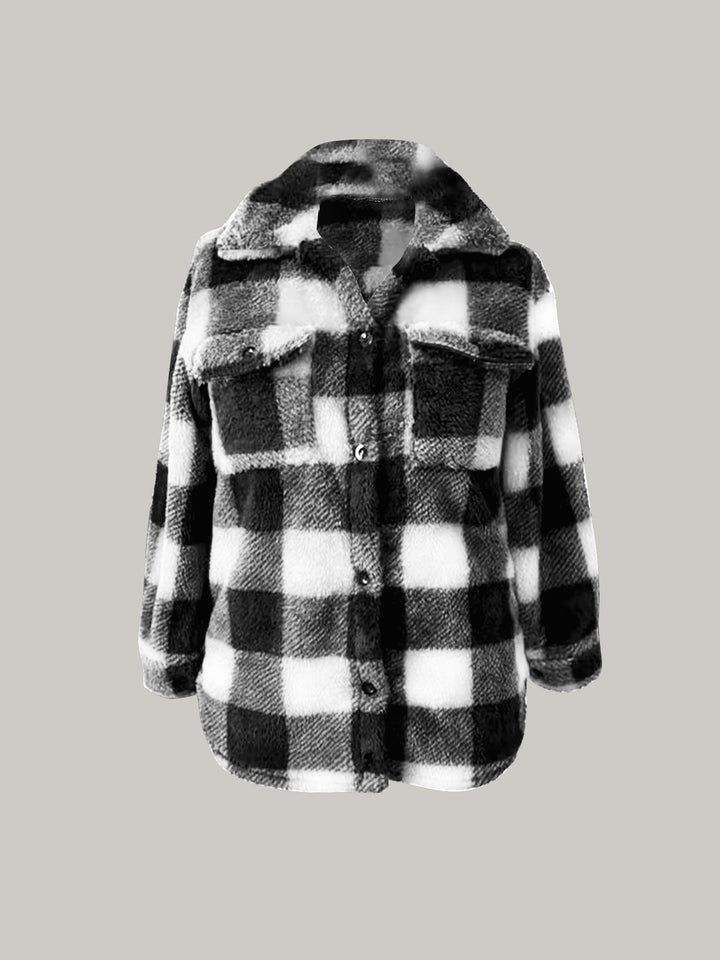 Damen Oversized Teddy-Hemdjacke mit Karomuster Drune