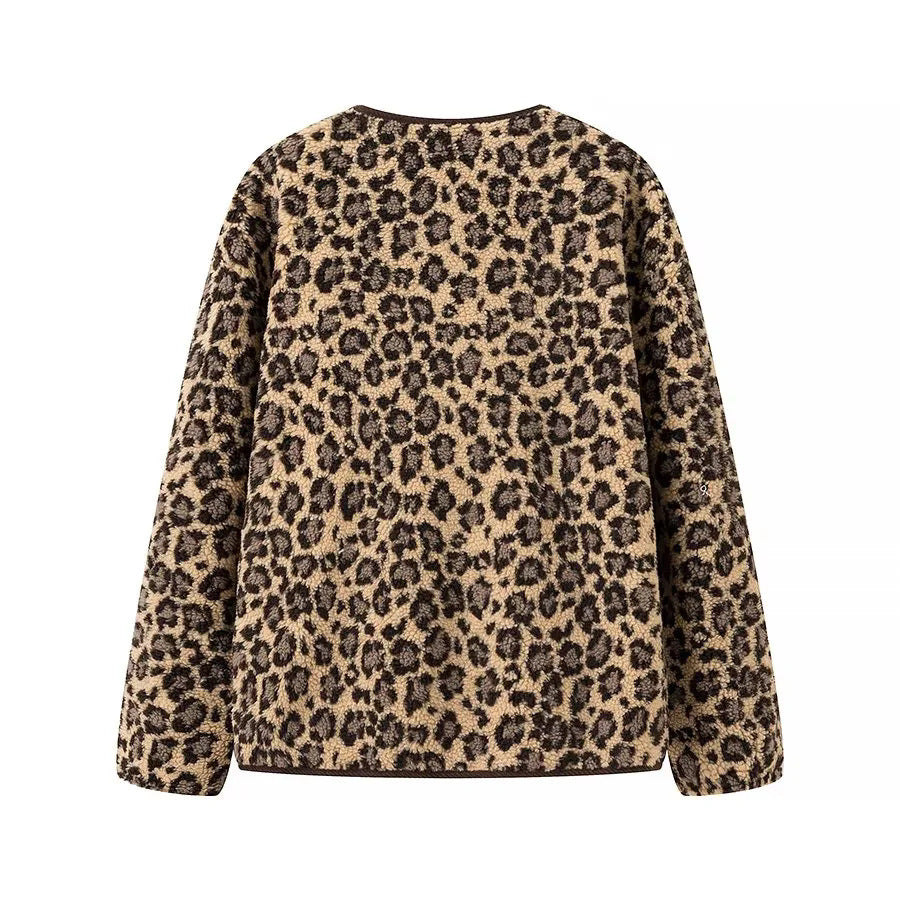 Damen nan Teddyjacke mit Leopardenmuster Knopfverschluss und Kordbesatz Drune