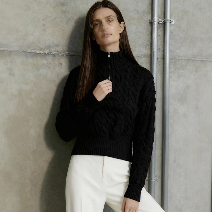 Damen eleganter Strickpullover mit hohem Kragen und Reißverschluss Drune