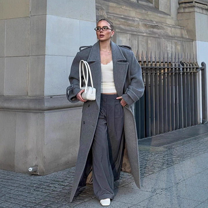Damen Oversized Wollmantel mit dekorativen Knopfdetails Drune