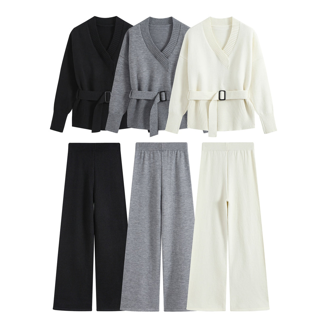 Damen Feiner Strickzweiteiler mit V‑Ausschnitt, Taillengürtel und weiter Bündchenhose Drune