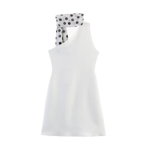 Damen Hängerkleid mit asymmetrischem Ausschnitt und stilvollem Punkteschal Drune