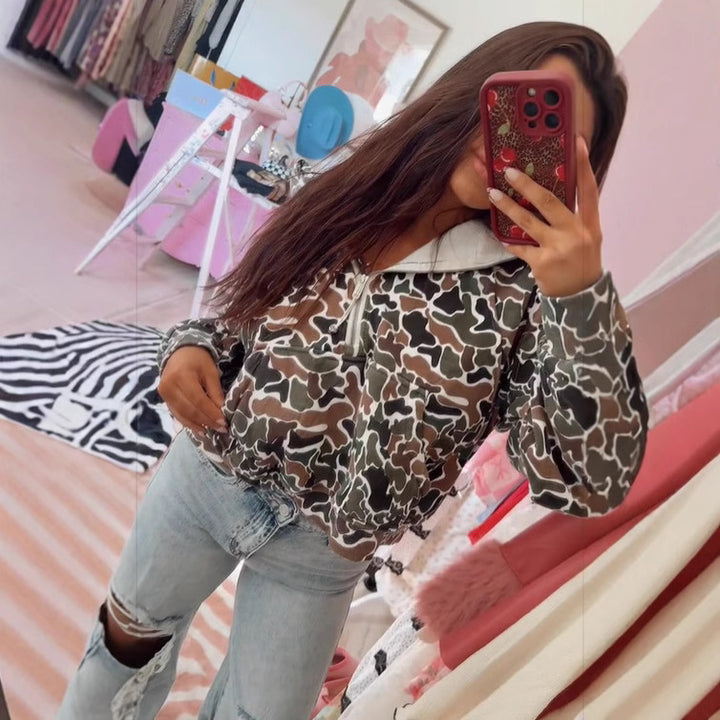 Damen Oversize Kapuzen-Half-Zip-Sweatshirt mit gefütterter Kapuze und Allover-Print Drune