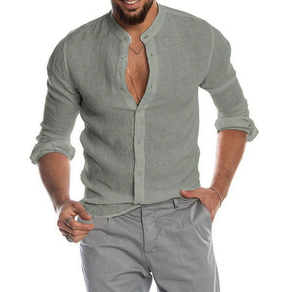 Herren nan Leinenhemd mit Stehkragen, durchgehender Knopfleiste und legerer Slim-Fit-Passform Drune