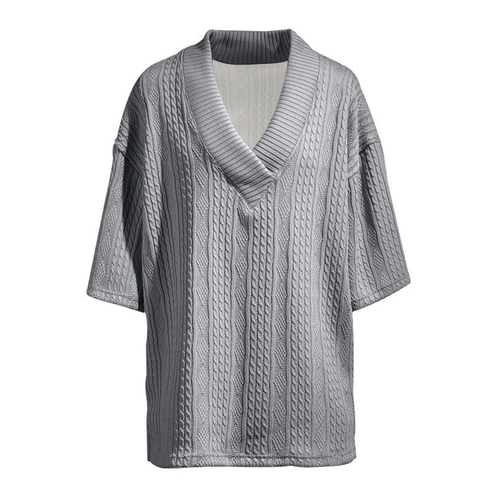 Damen nan Kurzarm-Strickpullover im weiten Schnitt mit tiefem V-Kragen und Zopfmuster Drune