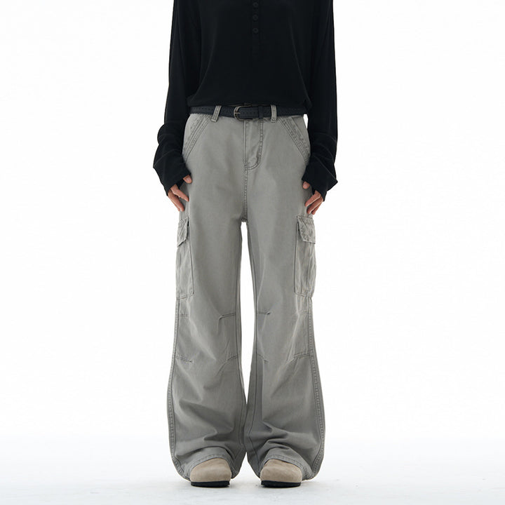 Damen Weitgeschnittene Cargo-Hose mit hoher Taille und aufgesetzten Taschen Drune