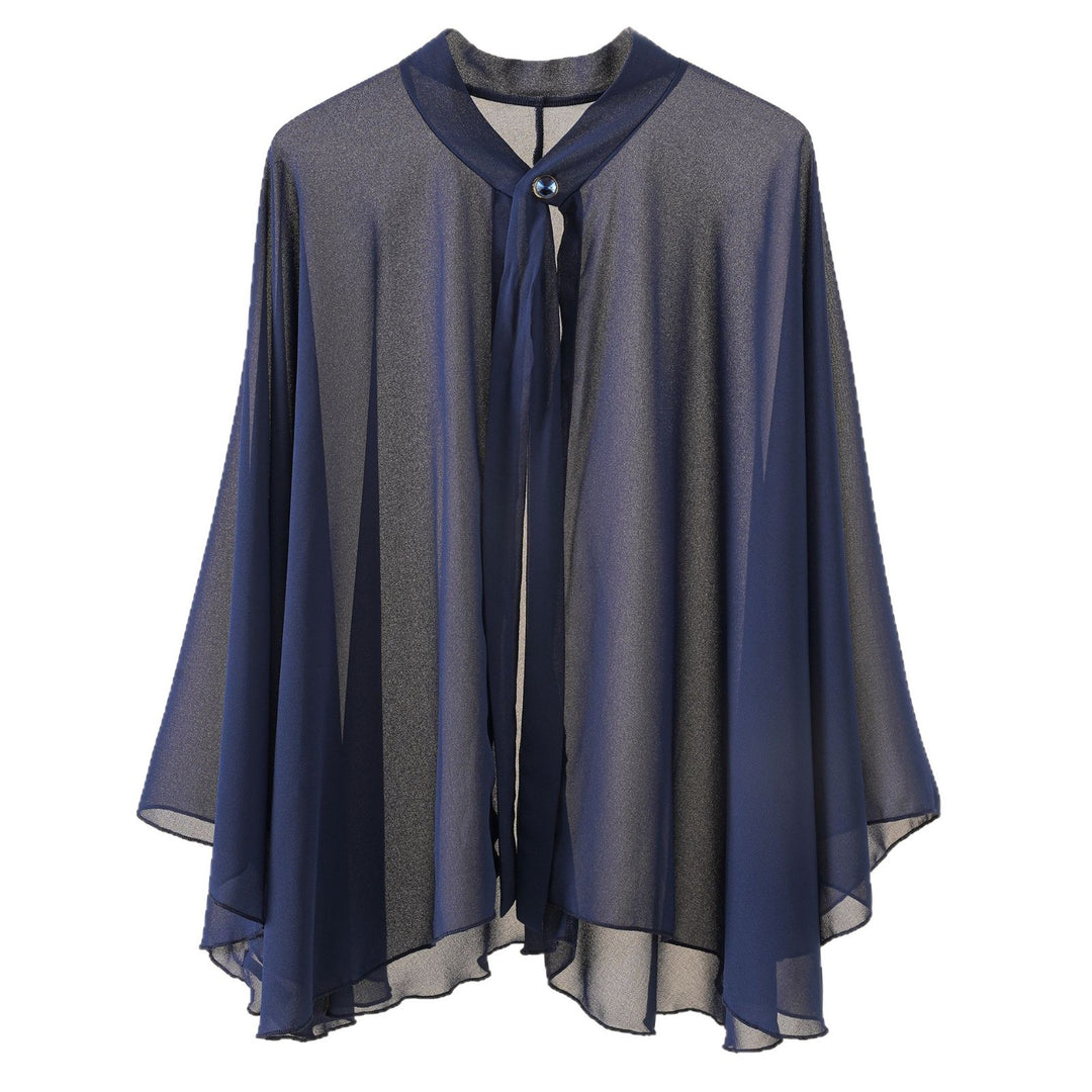 Damen Chiffon-Cape mit Schleifenkragen und Zierknopf Drune
