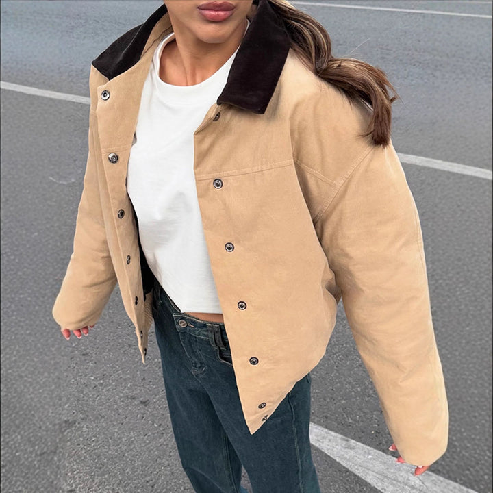 Damen Kurzer Cord-Workwear-Blouson mit Kontrastkragen Drune